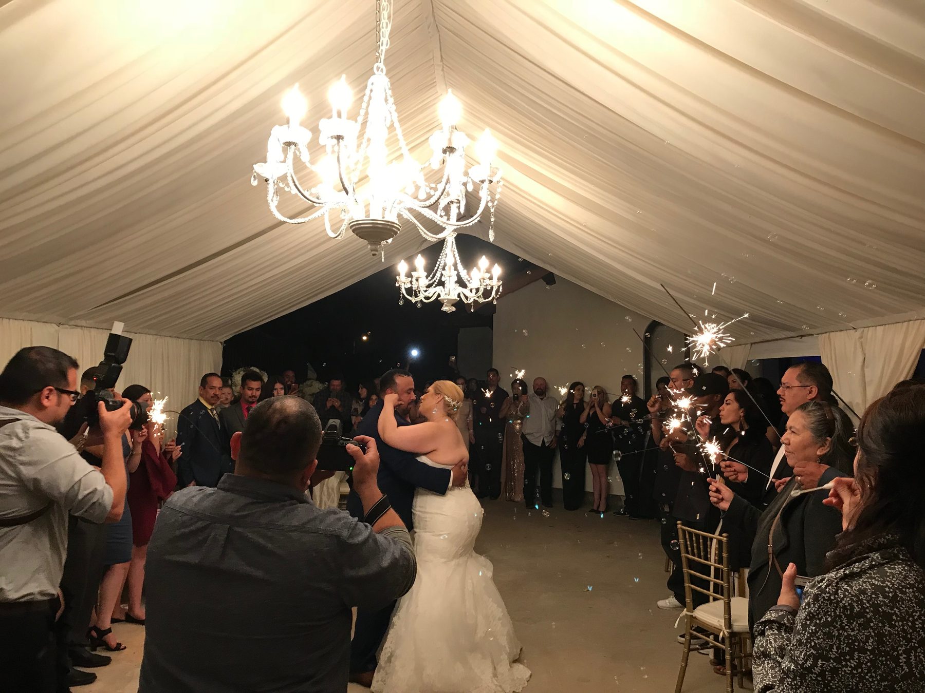 Wedding sparkler exit chandelier Los Angeles DJ